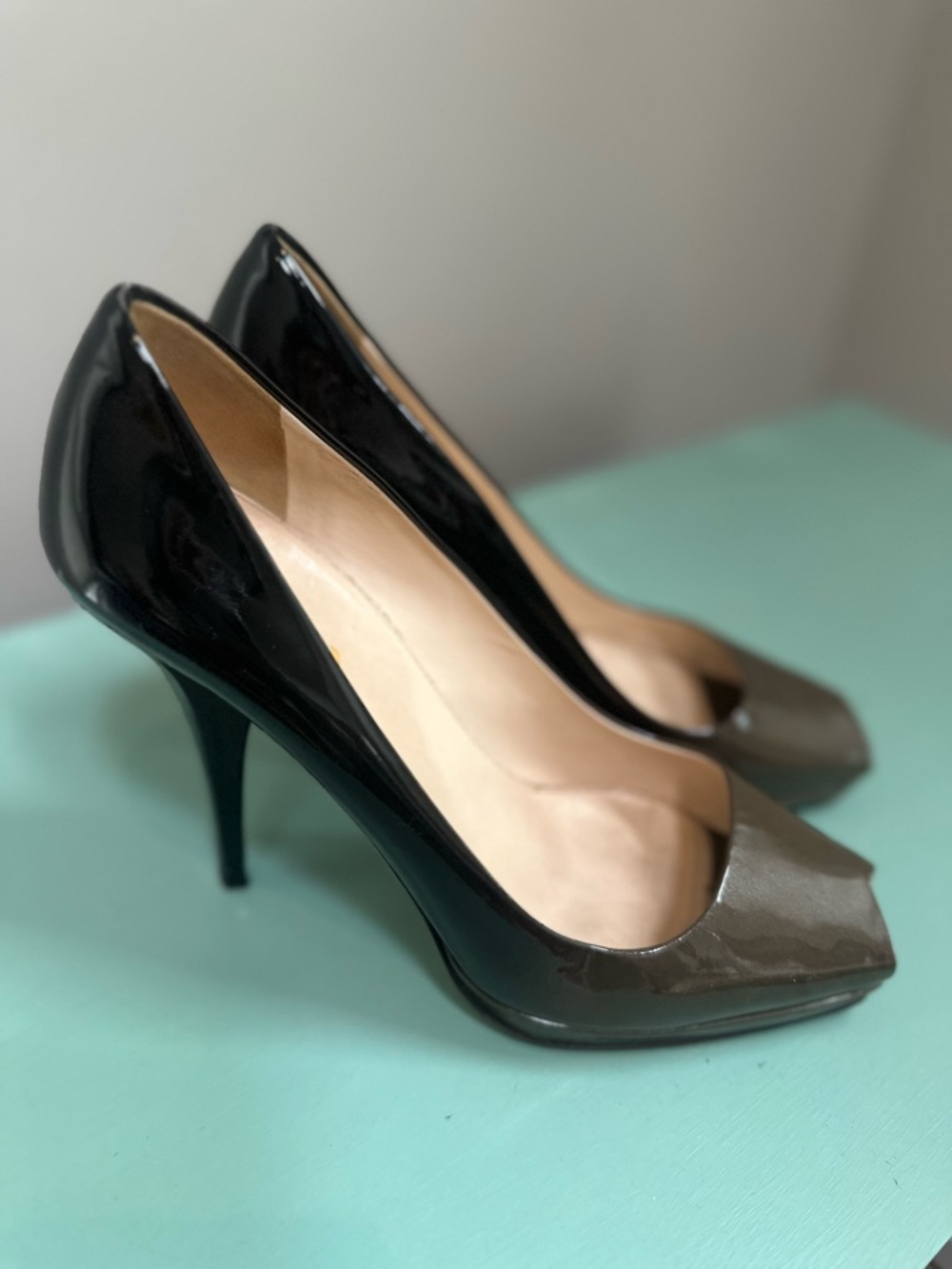 PRADA Patent Leather Peep-Toe Heel, Size 8 1/2